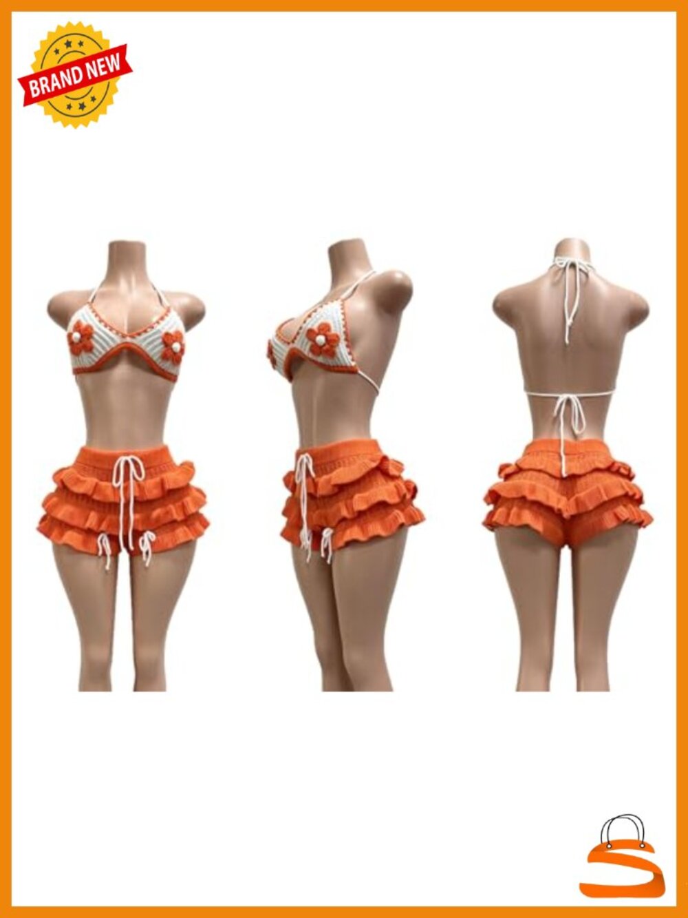 Crochet Bikini Shorts Set Halter Triangle Top Ruffled High Rise - Picture 5 of 5